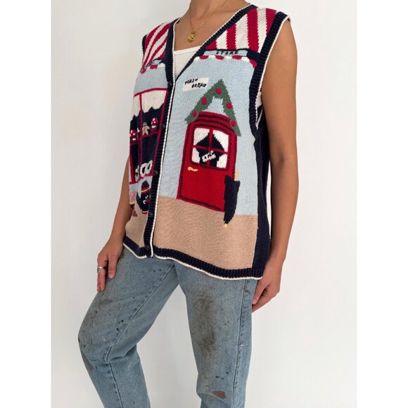 90s vintage multicolor novelty kitschy outdoor scene button up knit sweater vest - Picture 4 of 10